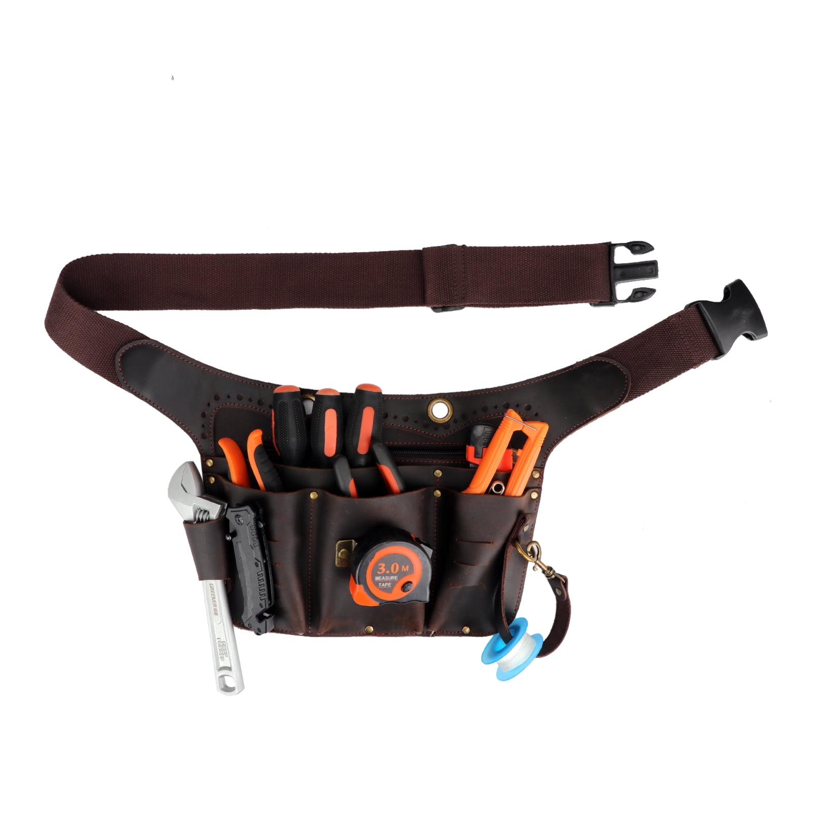 TOURBON Leather Tool Waist Bag Heavy Duty Tool Belt Pouch Quick Release Buckle Adjustable for Electrician Carpenter Brown