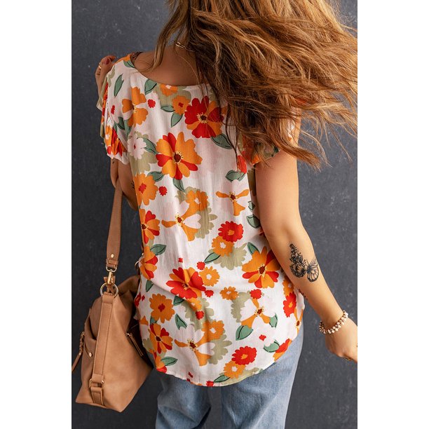 ABPHQTO Blusa de mujer con volantes y estampado floral rosa