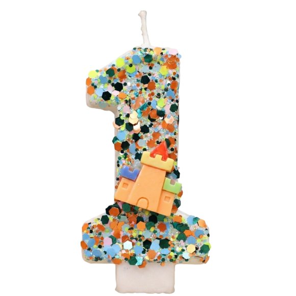 Castle Number Candle, Fantasy Cake Topper, Colorful Confetti Number 1 Birthday Candle With Castle Figurine, Cake Topper for 1th Birthday Party Decorations, Confetti Castle Number 1