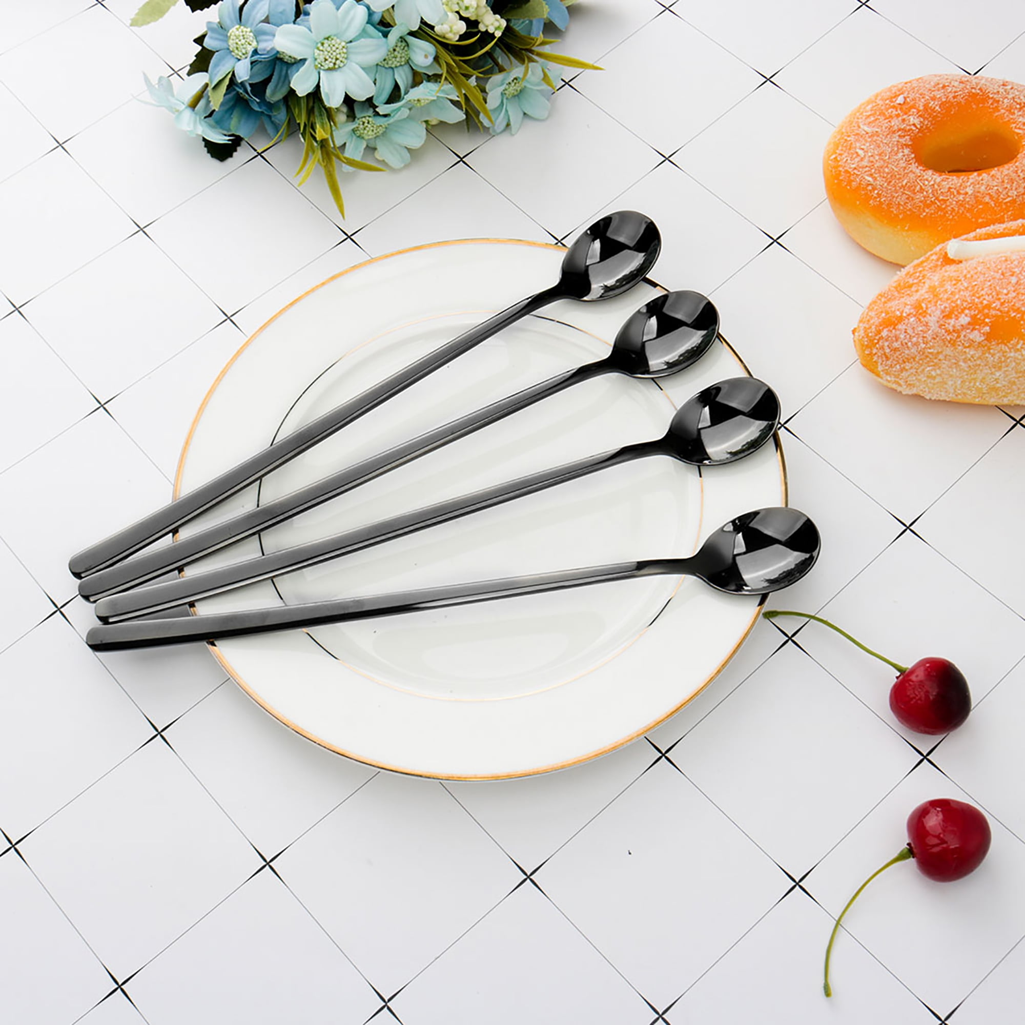 4pcs Long Handle Ice Cream Spoon 9.4" Stainless Steel Scoop Stirring