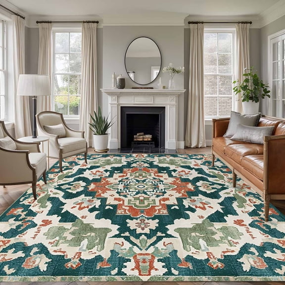 Area Rug for Living Room, Teal Green Boho Boho Non-Slip Indoor Large Carpet for Bedroom/Dining Room, Abstract Medieval Vintage Floral Washable Low-Profile Rectangle Floor Runner Rugs - 5 x 8 Ft
