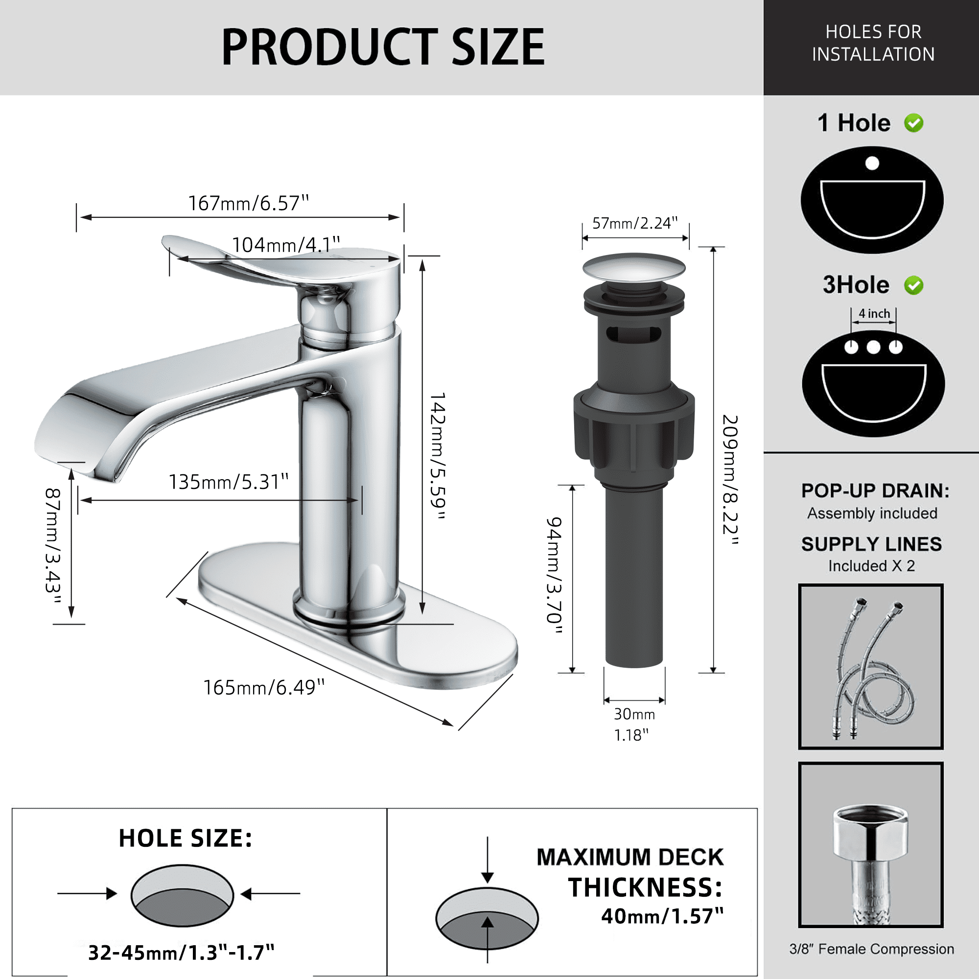 BELZ Bathroom Faucet Modern Waterfall Bathroom Sink Faucet with Single Handle with Pop Up Drain and Deck Plate Suitable for 1 or 3 Holes, Chorme
