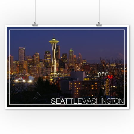 Seattle, Washington - Skyline and Rainier at Night - Lantern Press Photography (9x12 Art Print, Wall Decor Travel (Best Place To Photograph Seattle Skyline)