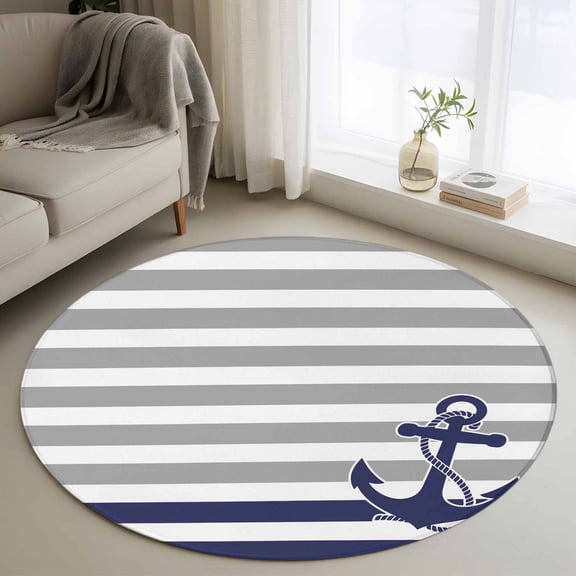 Round Rugs 3Ft, Anchor Gray Round Area Rug Washable Indoor Throw Carpet, Modern Navy Blue White Striped Nautical Small Non Slip Circle Rug for Bedroom Living Room Home Decor Aesthetic