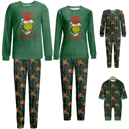 

Holiday Family Matching Christmas Pajamas Sets The Grinch Green Buffalo Plaid Print Sizes for Adult-Kids-Baby-Pet 2-Piece Top and Pants Bodysuits Xmas Pjs Set