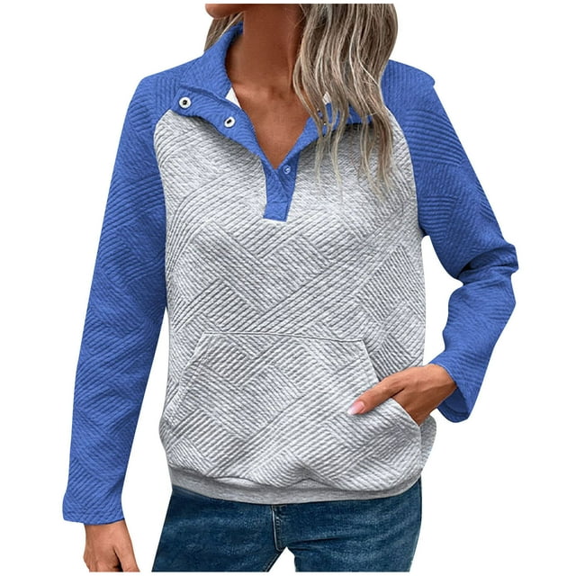 Annhoo Chandails en Molleton d'Automne pour Femmes Manches Longues Amples Demi-Bouton Hauts à Col Rabattu Pull à Blocs de Couleur Tendance
