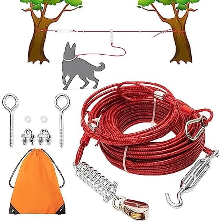 100FT Dog Tie Out Cable with 10FT Run Cable Red Heavy Duty Chew Proof Buffer Spring For Small Medium Large Dogs Yard Camping Hiking