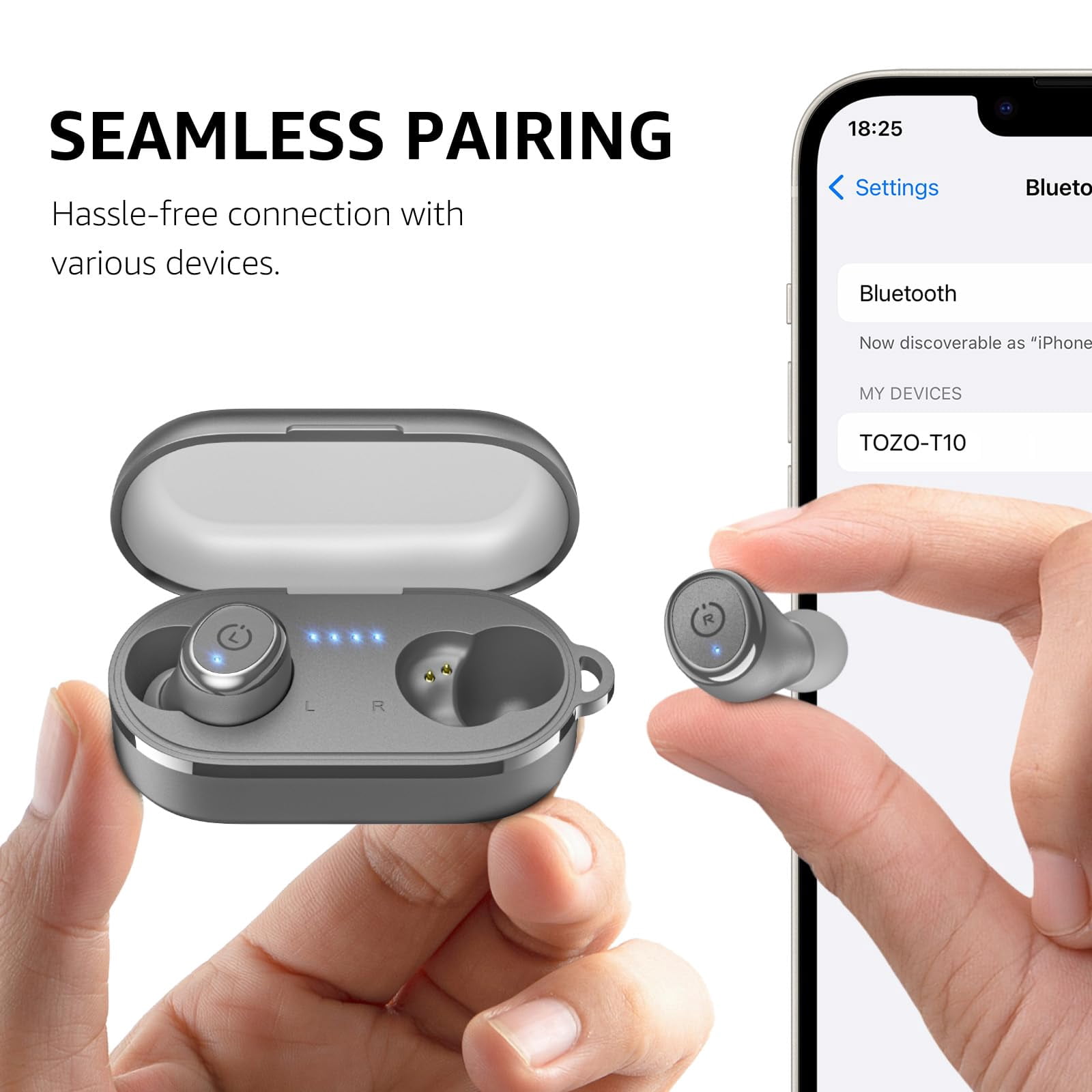 TOZO T10 Bluetooth Headphones Wireless Earbuds, 55H, Stereo Bass, App Customize 32 EQ, Wireless Charge, IPX8 Waterproof, 100+ White Noise Tracks, Ergonomic Design, Gray