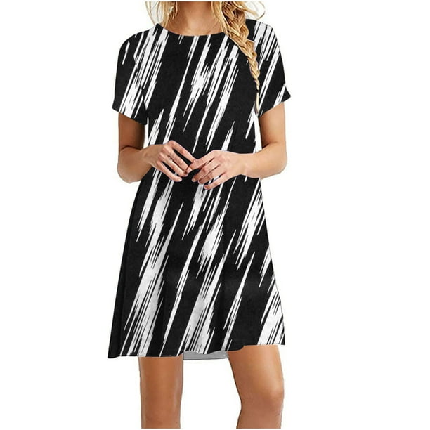Puntoco Falda Larga Estampada Informal Para Mujer, Jersey Con Cuello Redondo, Vestido De Manga Corta, Vestido De Cuello Redondo De Manga Corta, Negro Xl,Regalos Para Mujer Joven