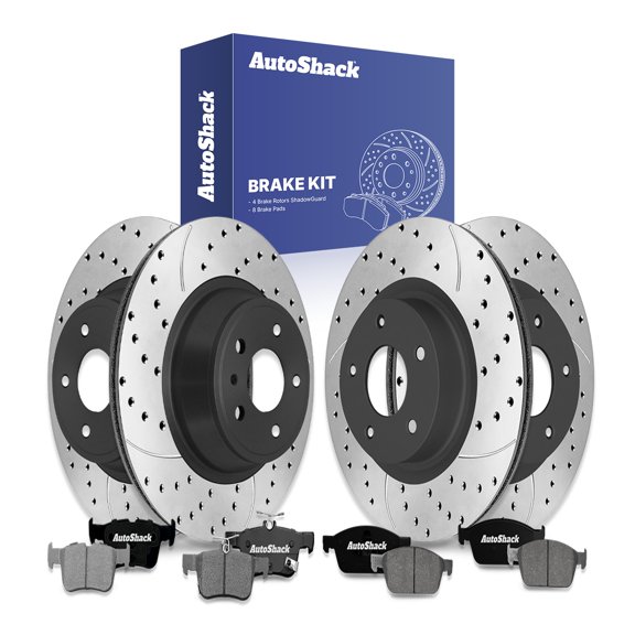 AutoShack Front & Rear Brake Rotors & Ceramic Pads for Ford, Escape 2017, AWD FWD L4 2.0L - E-Coated Drilled & Slotted - ShadowGuard