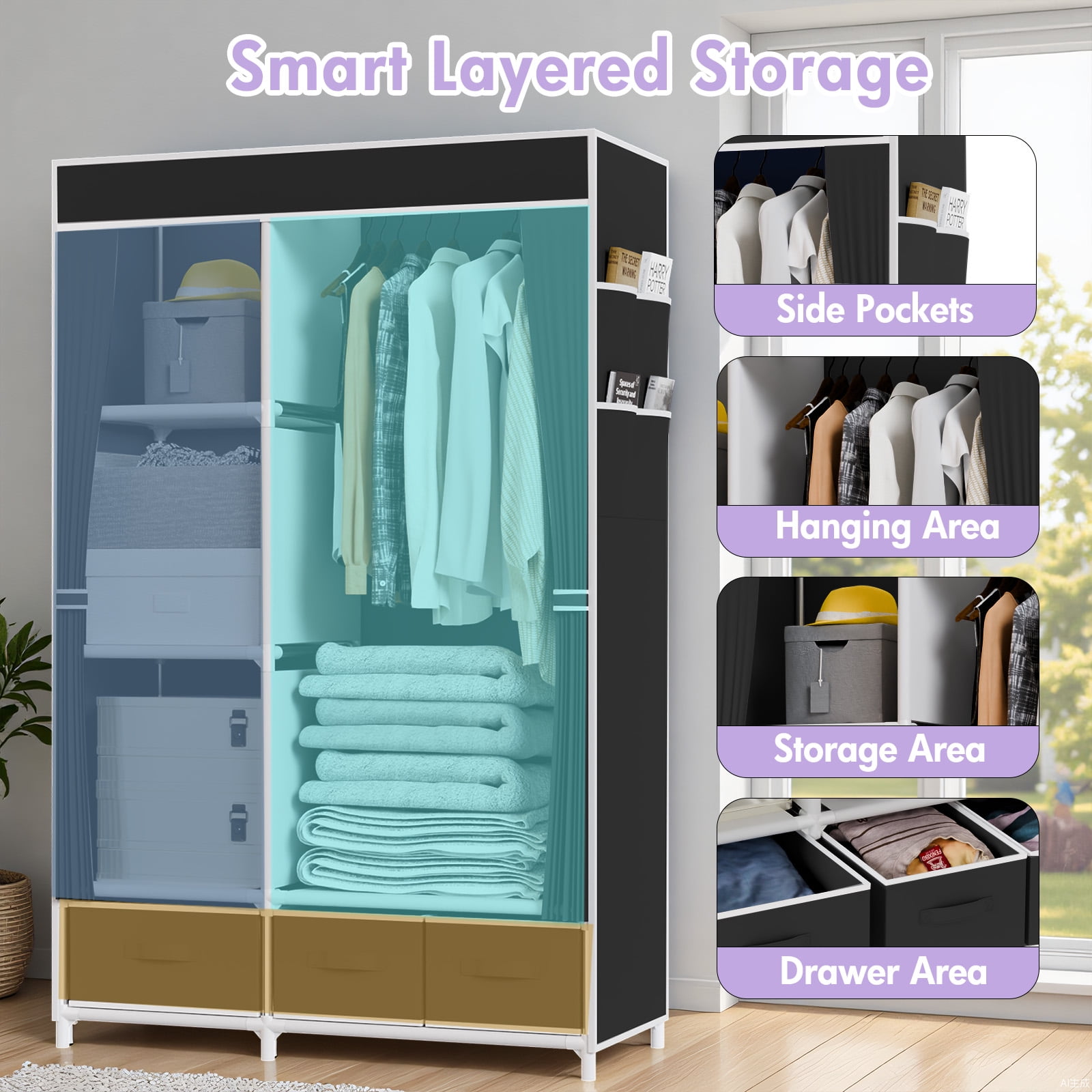 BAOKALER Portable Closet with Non-Woven Fabric,3 Drawers,1 Hanging Rod&4 Side Pockets, plus 16mm Metal Tube Frame–Suitable for Bedrooms, Living Rooms,Closets,Garages&Dorms