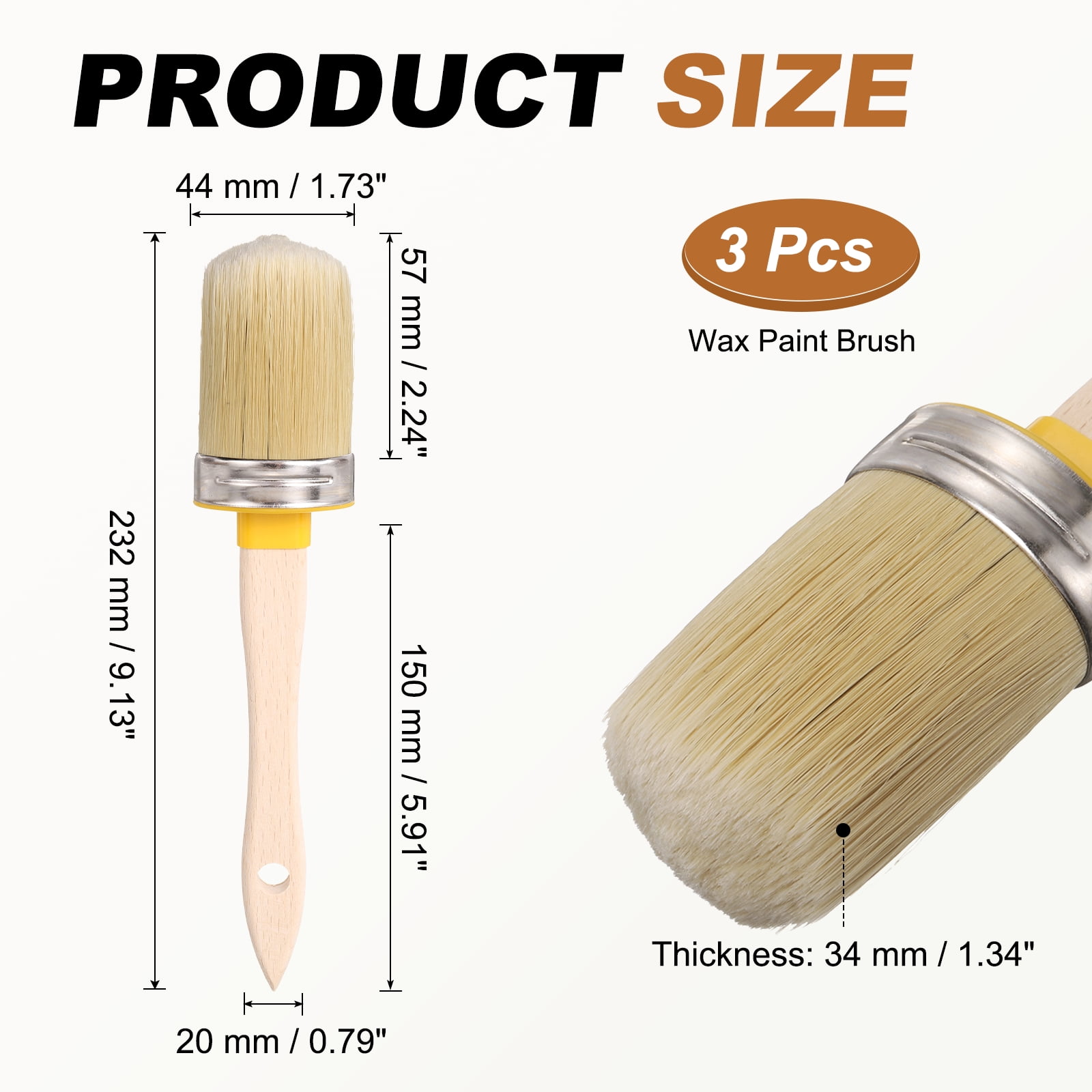 Uxcell  Wax Paint Brushes, 2 x 0.7 Inch Paint Brush, Oval PET Fiber Bristle with Wood Handle, Painting Tool for Furniture DIY Home Decor Art Crafts, Yellow