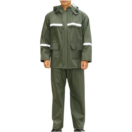 HOOMEUMY Men s Waterproof Raincoat Rain Pants Set with Hood Rainsuit Reflective Strip Jumpsuit Outdoor Workwear Rain Gear Green XXL