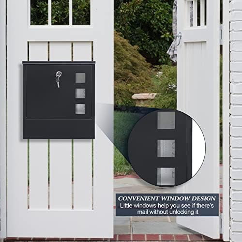 Locking Wall Mount Mailbox for Outside - Large Capacity Outdoor Mail Box with Key Lock for Home/Residential, Holds Newspapers/Magazines/Envelopes, 13 x 3.4 x 11.8 Inch, Black