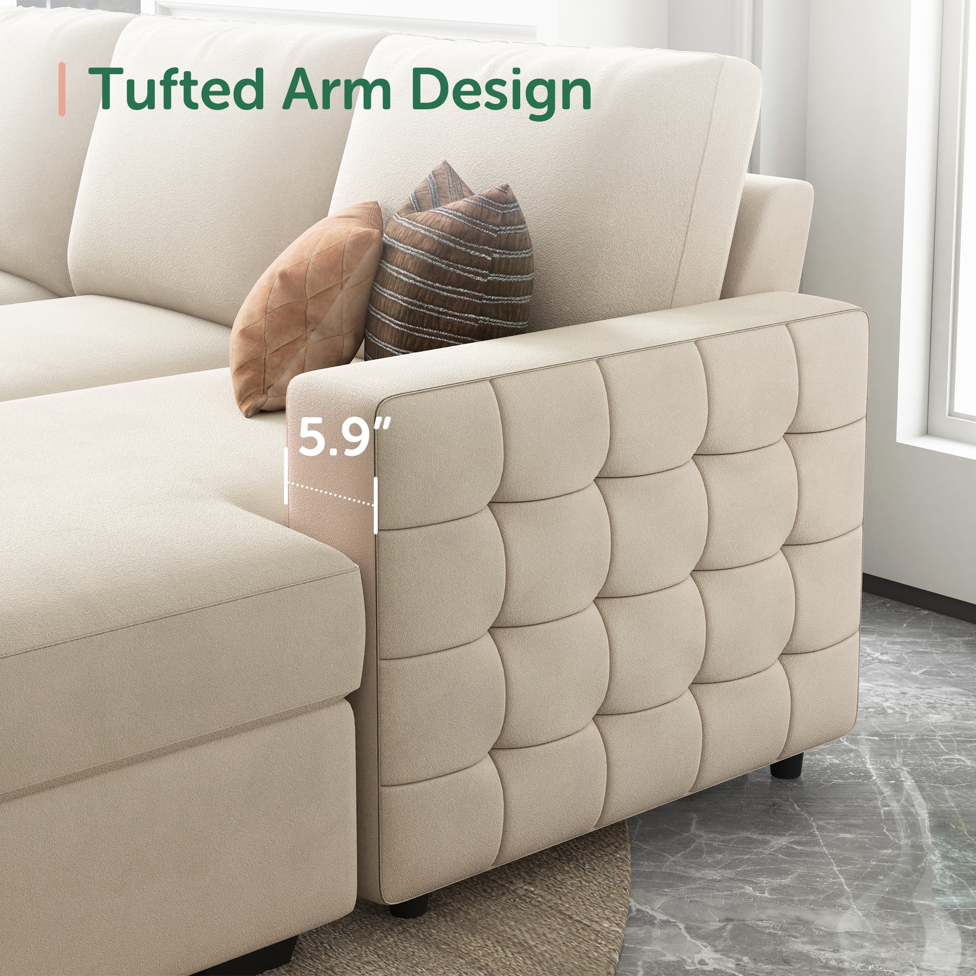 Marrber Velvet Sectional Sleeper Sofa Bed with Pull-Out Couch Bed with Storage for Living Room, Beige