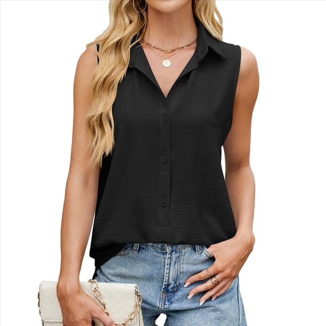 Camisa Sin Mangas con Botones para Mujer, Blusa con Cuello, Camisas Casuales de Oficina, Camiseta Básica Sin Mangas. Negro XXL