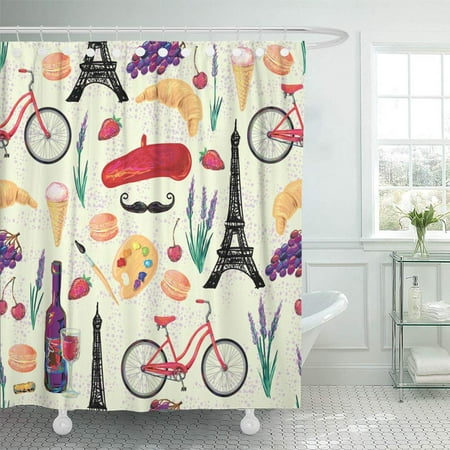 PKNMT Paris French Food with Eiffel Tower Hat Mustache Wine Glass Grapes Bottle of Waterproof Bathroom Shower Curtains Set 66x72