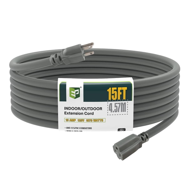 Cable de extensión para exteriores EP, 15 pies, 12/3, SJTW, 15 A, 125 V, gris