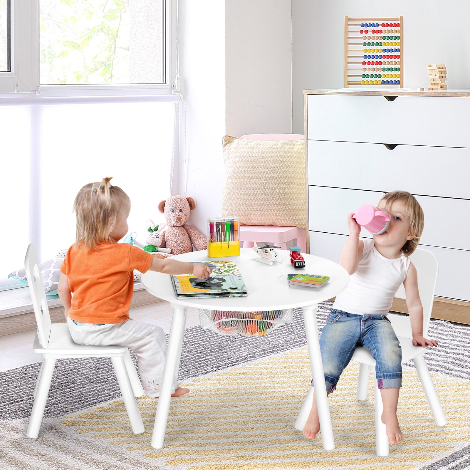 Infans Kids Wooden Round Table & 2 Chair Set w/ Center Mesh Storage White