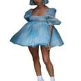 thumbnail image 3 of Robe Mini Épaules Dénudées Manches Bouffantes Robe Princesse en Tulle Robe de Mariage Fête Bal Mini Robe Bleue L, 3 of 8