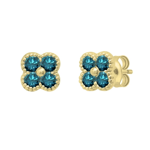 Dazzlingrock Collection Boucles d'Oreilles à Diamant Rond Bleu Floral pour Femmes (0.48 Ct. Couleur Bleue, Clarté I2-I3) en Or Jaune 14K