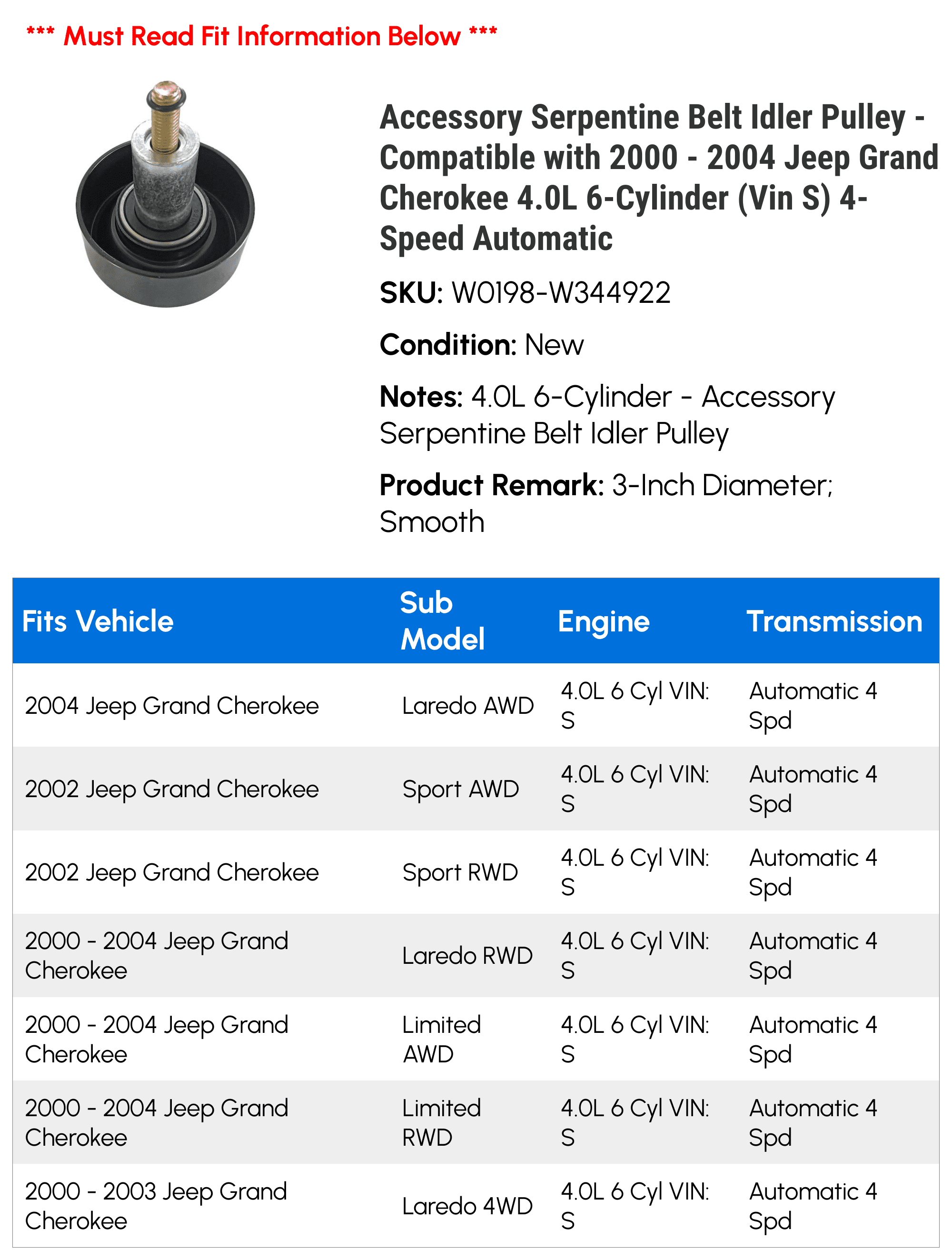 Accessory Serpentine Belt Idler Pulley - Compatible with 2000 - 2004 Jeep Grand Cherokee 4.0L 6-Cylinder (Vin S) 4-Speed Automatic 2001 2002 2003