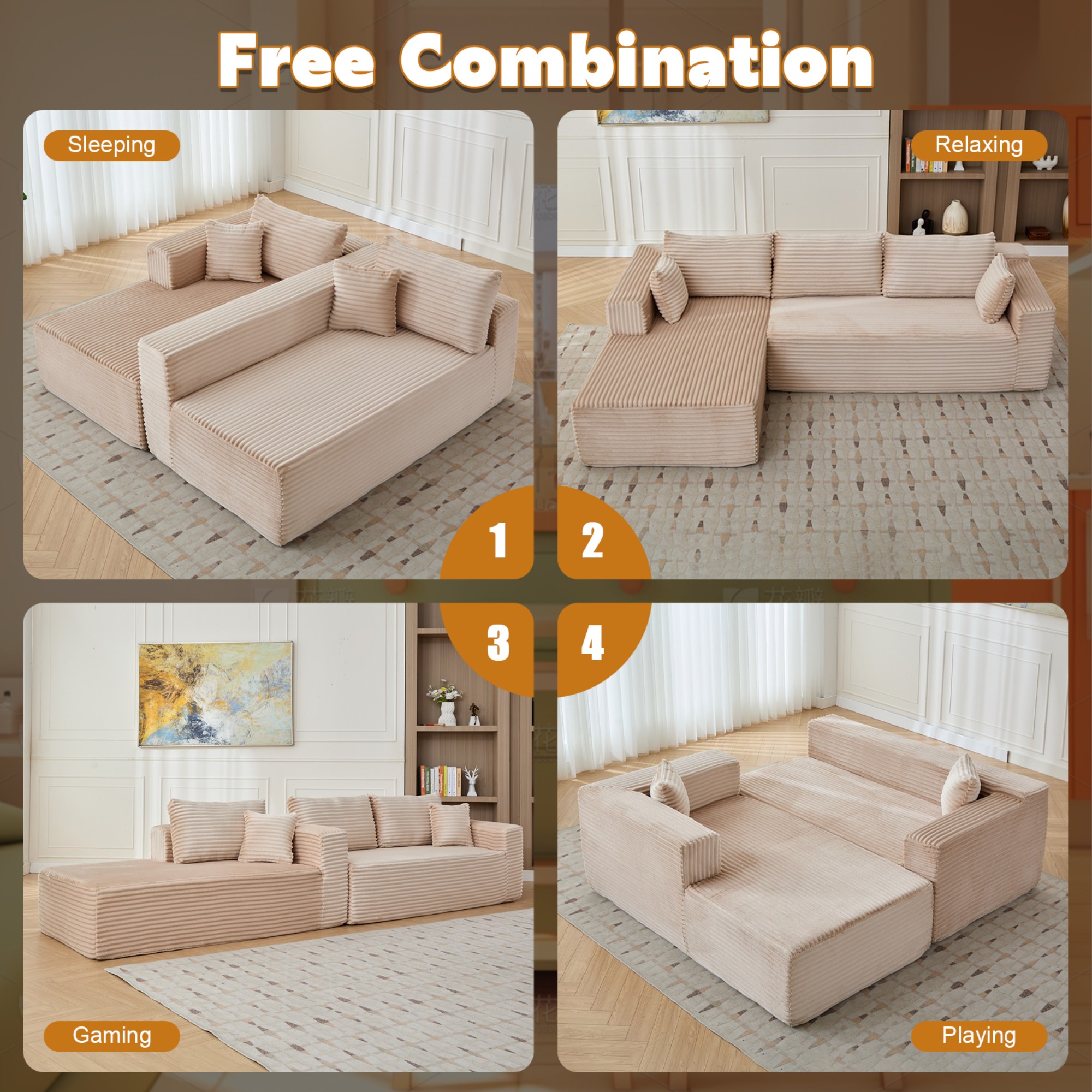 L-Shape Sectional Sofa Couch with Comfy Chaise,Modular Compression Sectional Couch with Deep Seat,Corduroy Sleeper Sofa Couches for Living Room Bedroom Apartment,Beige