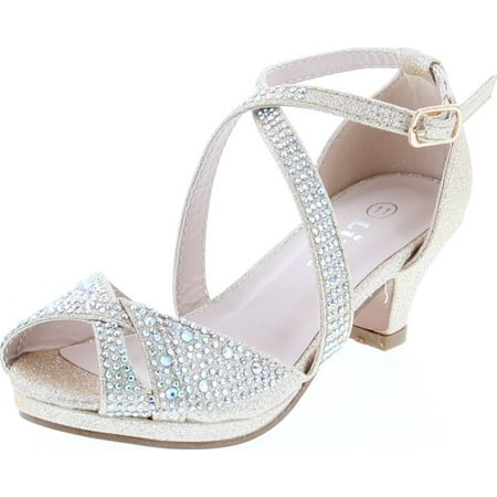 

Link Fantastic-90K Girl s Rhinestone Criss Cross Ankle Strap Chunk Heel Sandals Champagne 4