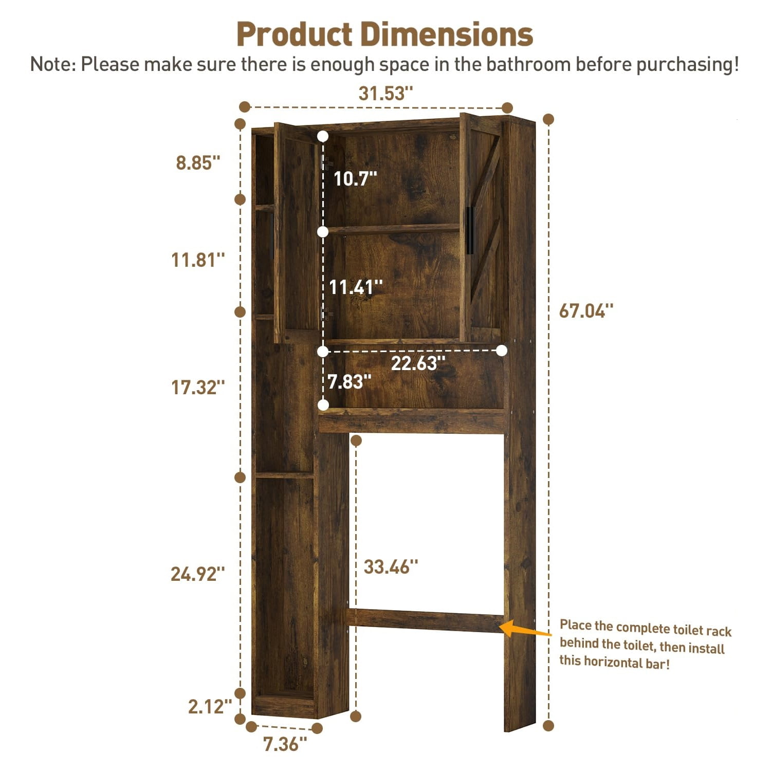 Over The Toilet Storage Cabinet with 7 Shelves, Double Doors, Bathroom Space Saver Organizer, Above Toilet with Open Shelf, Taller Wooden Paper Holder Stand, Free Standing Toilet Rack Brown
