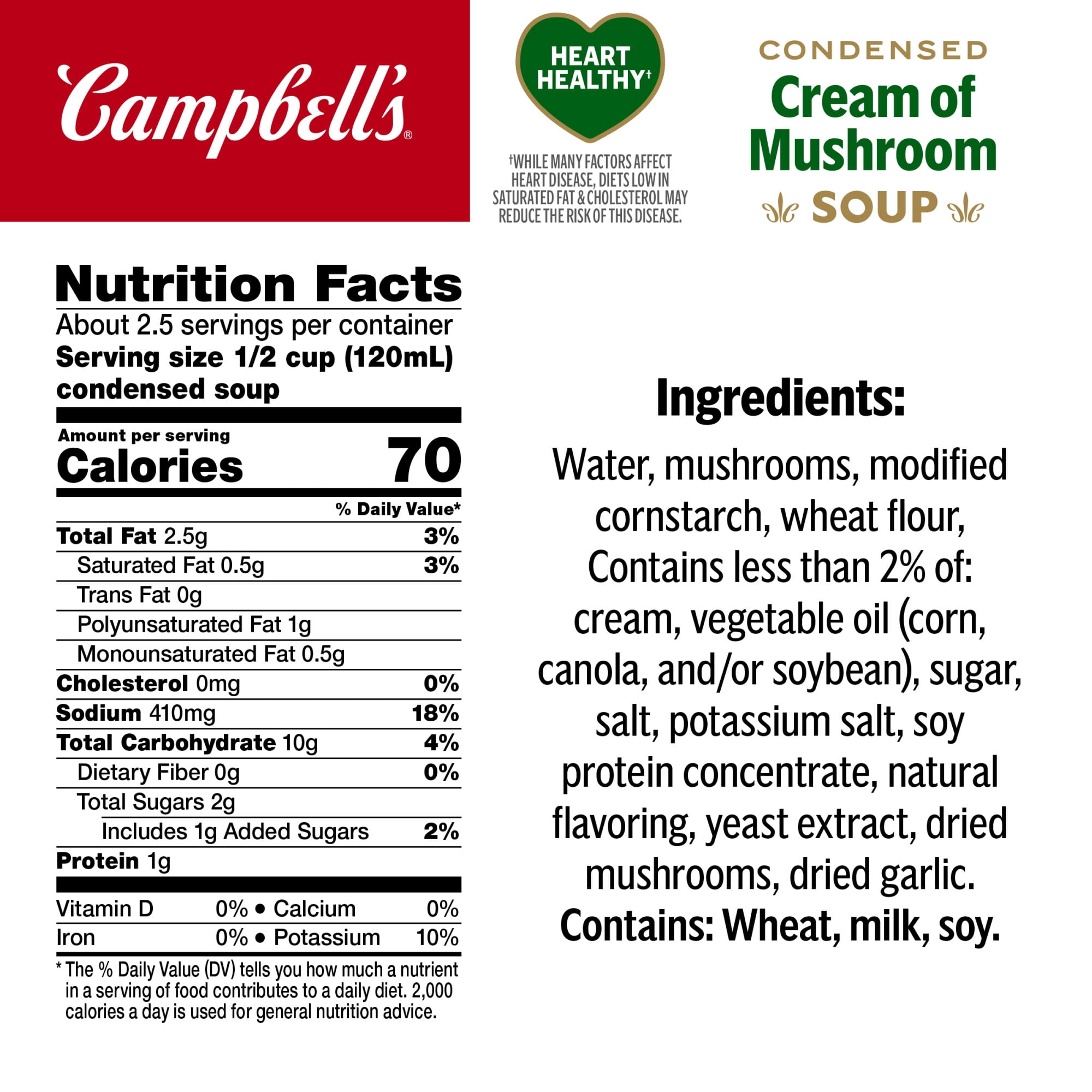 (2 pack) Campbell's Condensed Heart Healthy Cream of Mushroom Soup, 10.5 oz Can
