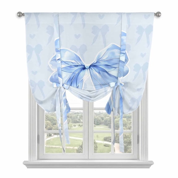 Cute Bow Tie Up Curtains 45 Inches Long, Kitchen Window Curtains Over Sink, Blue Bowknot Minimalist Solid Color Small Window Curtains Shade Balloon Curtains Valances for Bedroom/Cafe 34"x45"
