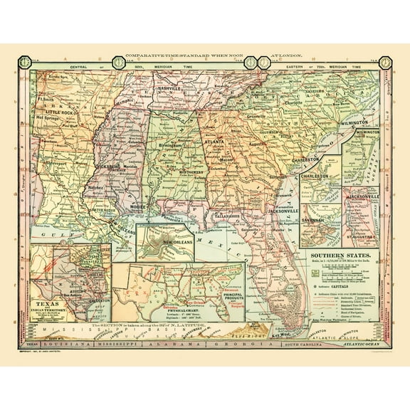 Historic State Map - Southern States - Monteith 1882 - Vintage Wall Art