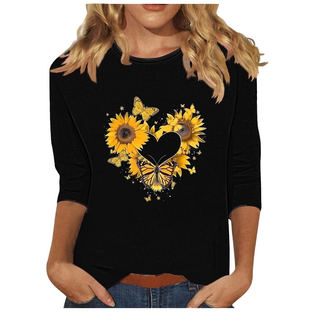 Tnhcen Chemises à Manches 3/4 pour Femmes avec Imprimé Floral d'Automne et Col Rond - Basiques Décontractés Grande Taille P-3TG