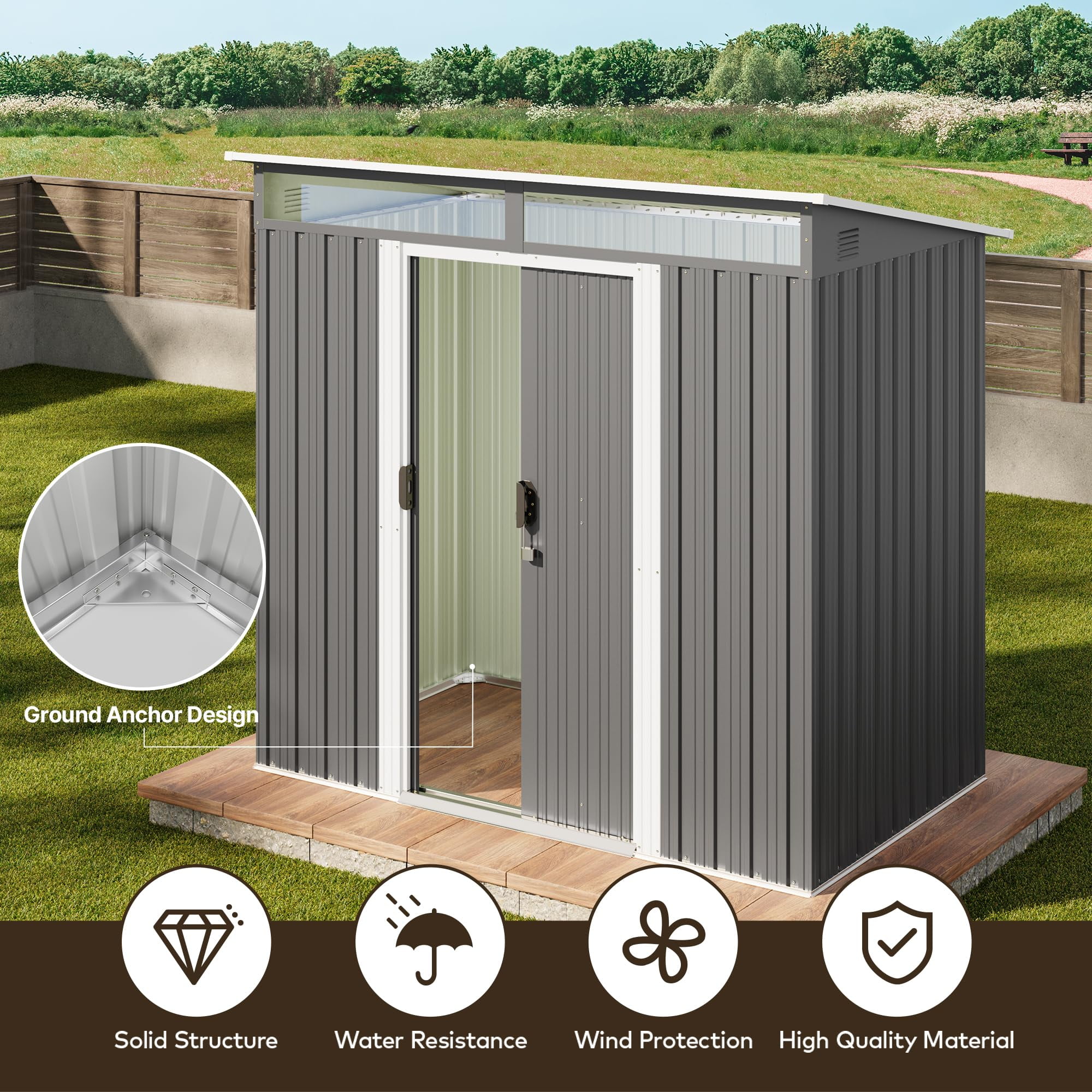 Lofka 6x4ft. Outdoor Storage Shed, Metal Garden Storage Shed with Sliding Lockable Door for Patio, Gray