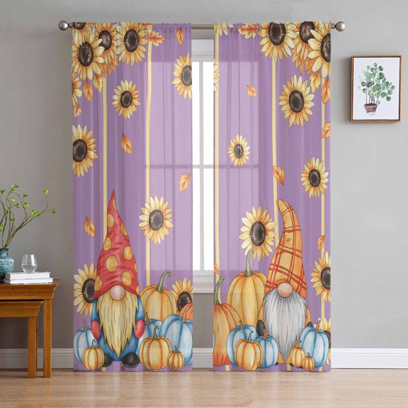 ERUNPONLY Fall Sunflower Sheer Curtains 84 Inch Length 2 Panels Set, Purple Blue Yellow Pumpkin Gnomes Stripe Voile Window Treatment Curtains Sheers Drapes for Bedroom/Living Room/Kitchen 52"x84"x2