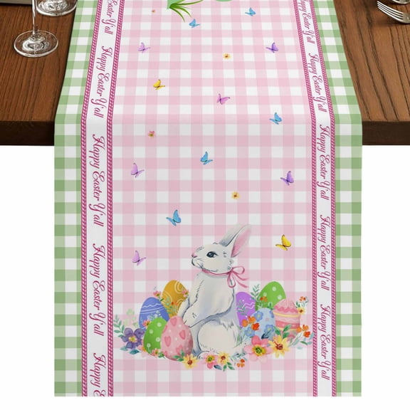 Table Runners 48 Inches Long Dress Scarves, Easter Farmhouse Kitchen Table Runner, Short Coffee Tablerunners, Spring Watercolor Easter Eggs Bunny Pink Green Plaid 13x48 Inch