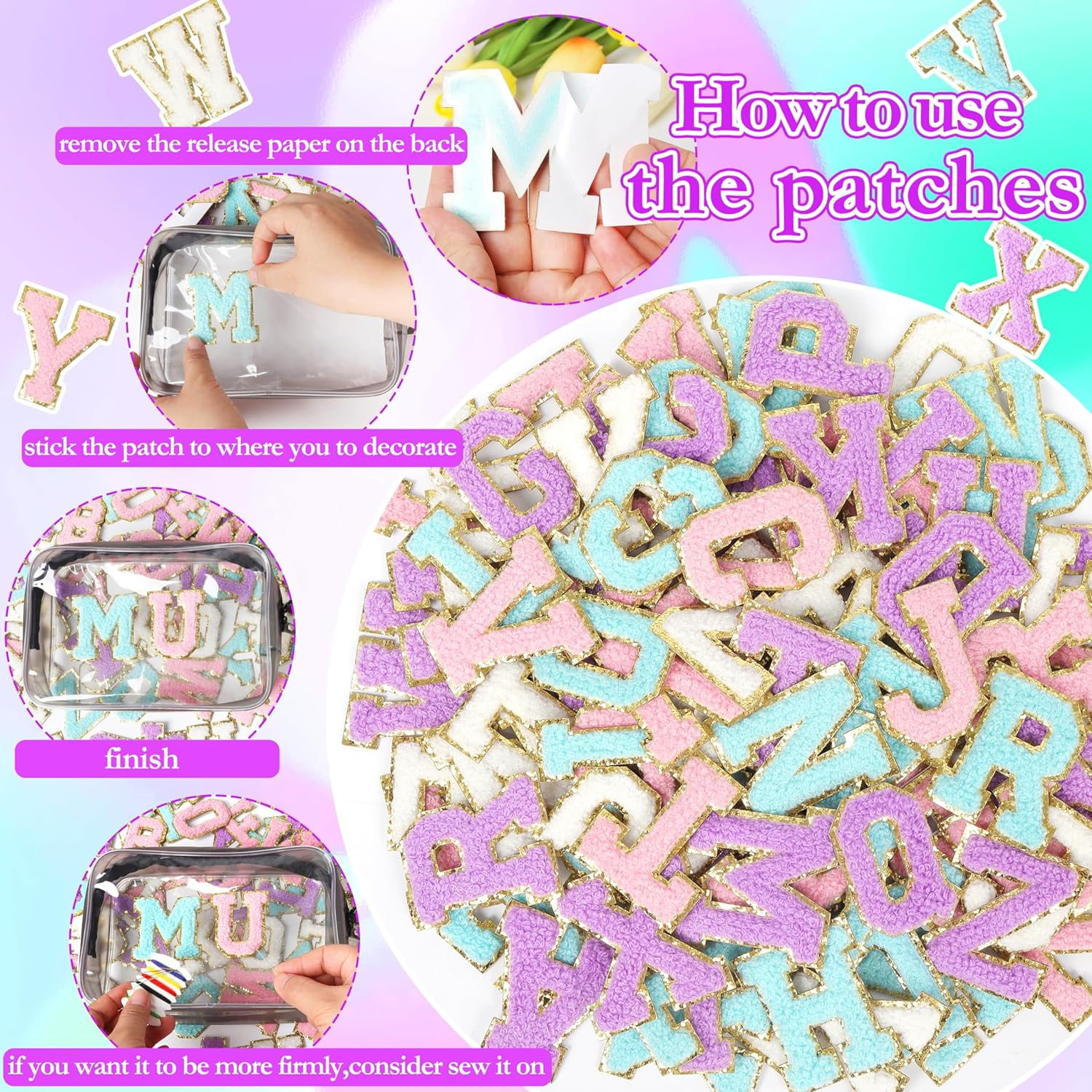ABCISI Self-Adhesive Chenille Letters Patches: 104PCS Mixed Color Preppy Letter Patches Stickers for Clothing Backpacks - Embroidered Cheille Initial Patch for DIY Decor