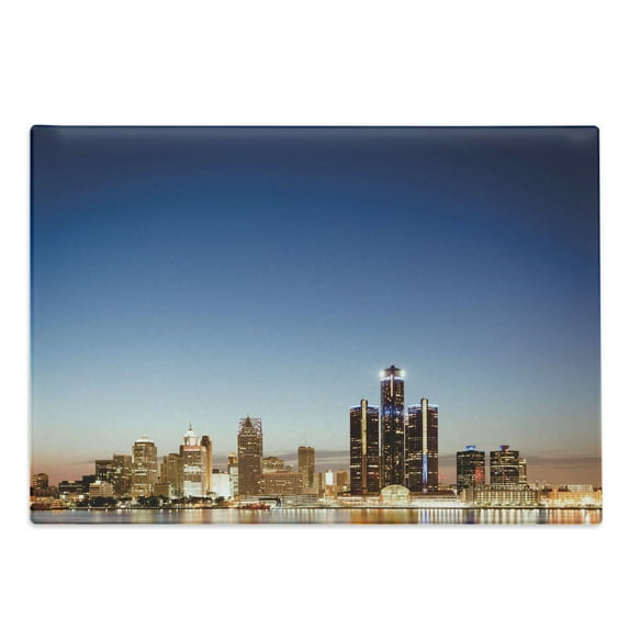 Detroit Cutting Board, Michigan Skyline at Twilight Waterfront Lively City Serene Calm Travel Destination, Decorative Tempered Glass Cutting and Serving Board, Large Size, Multicolor, by Ambesonne