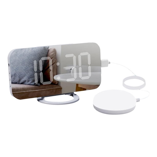Reloj despertador con espejo de sonido potente, cargador, reloj vibratorio, números grandes, pantalla grande, teléfono Base blanca