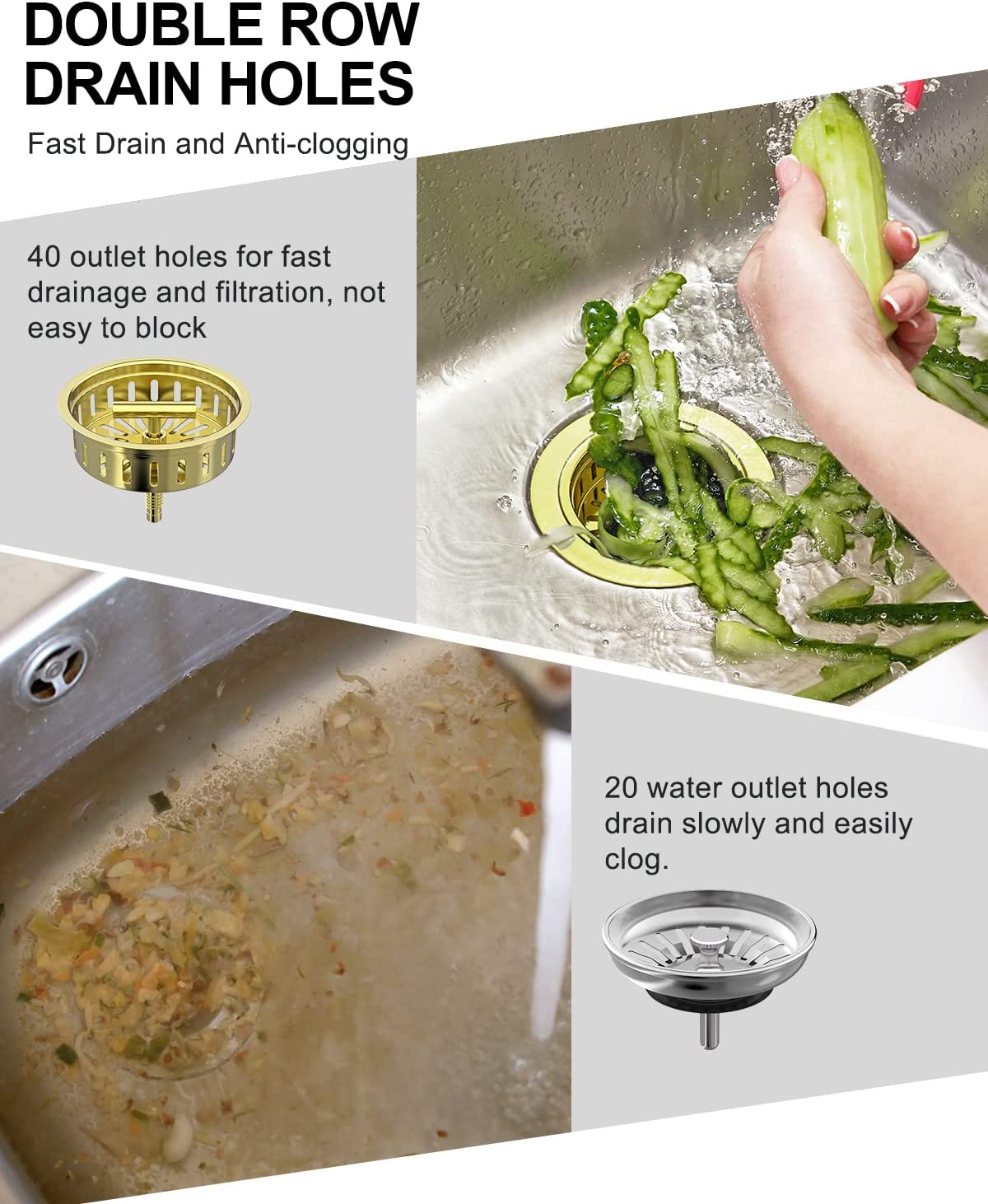Gold Kitchen Sink Drain Kit 3 1/2 Sink Strainer for Kitchen Sink with Stainless Steel Strainer Stopper Drain Assembly Basket Strainer Fit Standard Sink Drain Hole