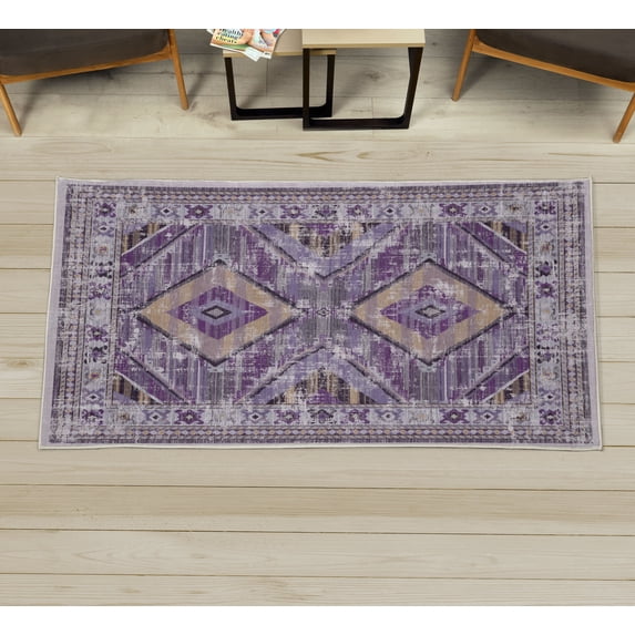 Tribal Area Rug with Non-Slip Backing, Abstract Geometric Motif of Striped Zigzag Shapes and Squares Ethnic, Quality Carpet for Bedroom and Dorm Room, 2.6' x 5', Purple Lilac Sand Brown, by Ambesonne