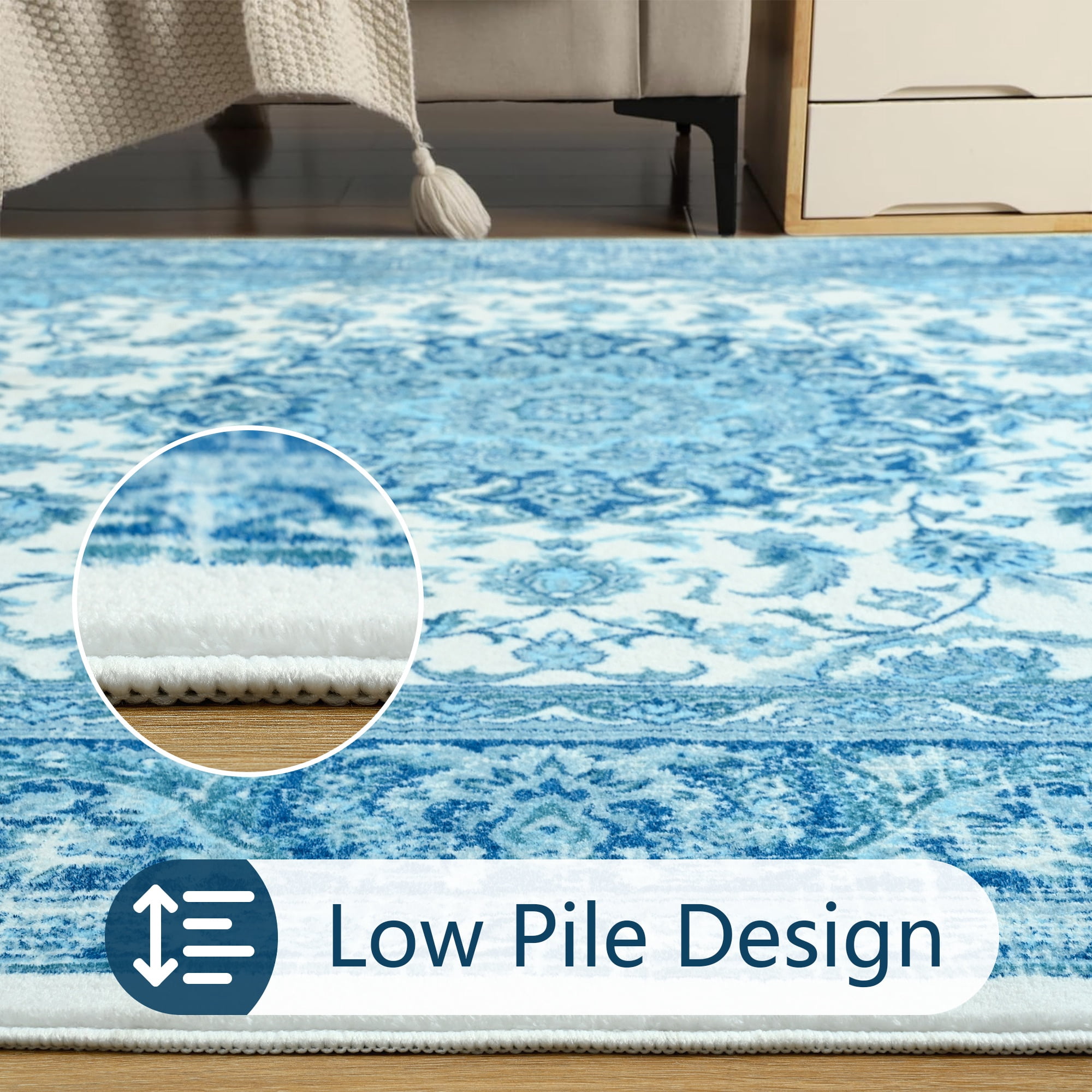 Wondo 4x6 Area Rugs for Living Room, Washable Area Rug, Rugs for Bedroom, Kitchen Rugs, Vintage Boho Carpet, Soft Non-Slip, Low Pile Area Rug for Office Dining Room, Blue