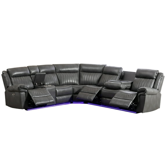 Hybition Power Reclining Sectional Sofa PU Leather L-Shaped Sofa -Grey