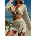 thumbnail image 2 of Womens Crochet Swimsuit Coverups 2 Piece Bathing Suit Cover Up Long Sleeve Tie Front Crop Top Mini Skirt Sets  S, 2 of 6