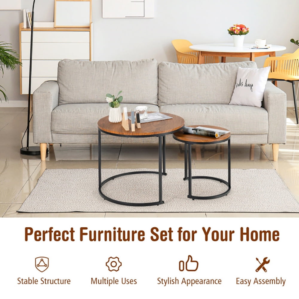Finihen Round Nesting Coffee Table, Modern Nesting Side Set, Set of 2 Modern Round Stacking Nesting Coffee Tables, for Living Room, Reception Room, Light Brown Finihen Round Nesting Coffee Table, Modern Nesting Side Set, Set of 2 Modern Round Stacking Nesting Coffee Tables, for Living Room, Reception Room, Light Brown