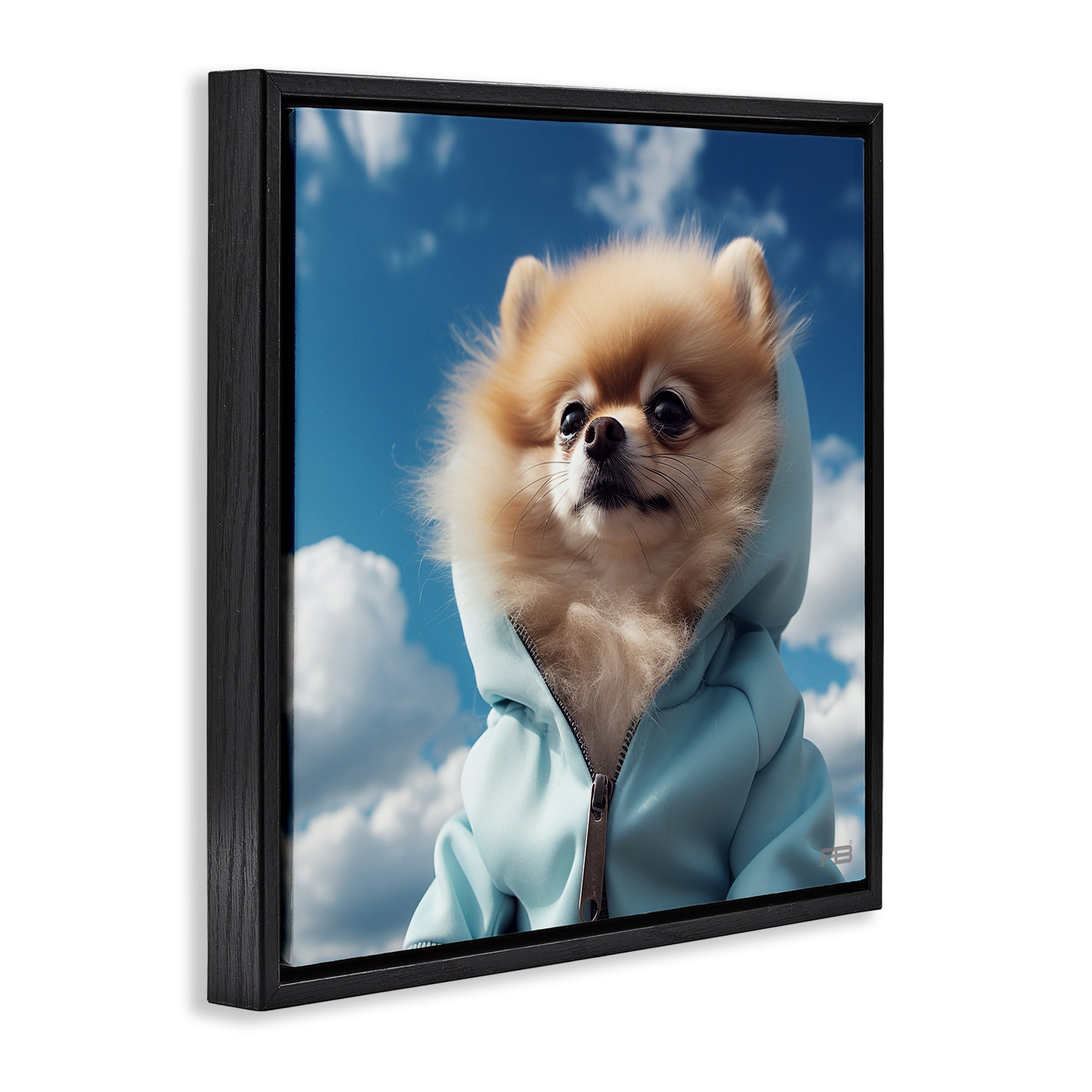 Stupell Industries Pomeranian Dog & Clouds Animals & Insects Painting Black Floater Framed Canvas Art Print Wall Art, 18 x 18
