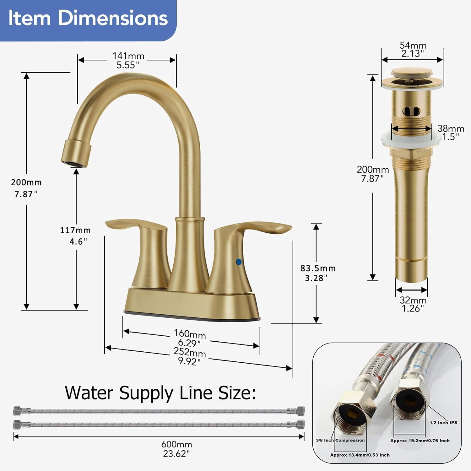Brushed Gold Bathroom Faucet - 4 inch 3 Hole 2-Handle Centerset Vanity Mixer Taps With Drain, 360°Swivel,High Arc Design