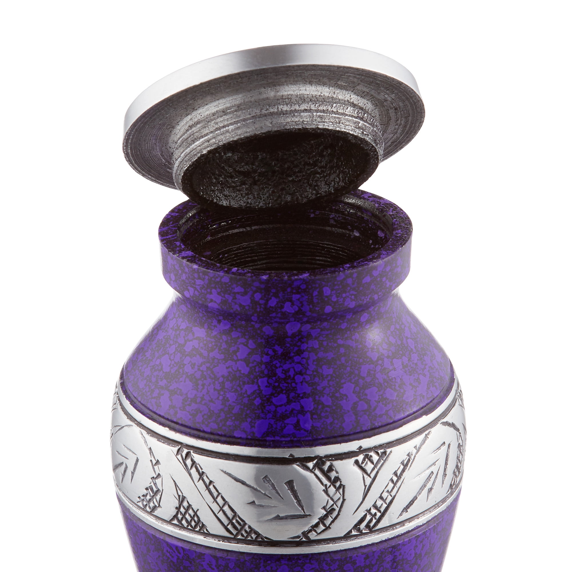 Reminded  Small Cremation Keepsake Urns for Human Ashes, Set of 4 Purple and Silver Miniature Urns with Velvet Case and Bags