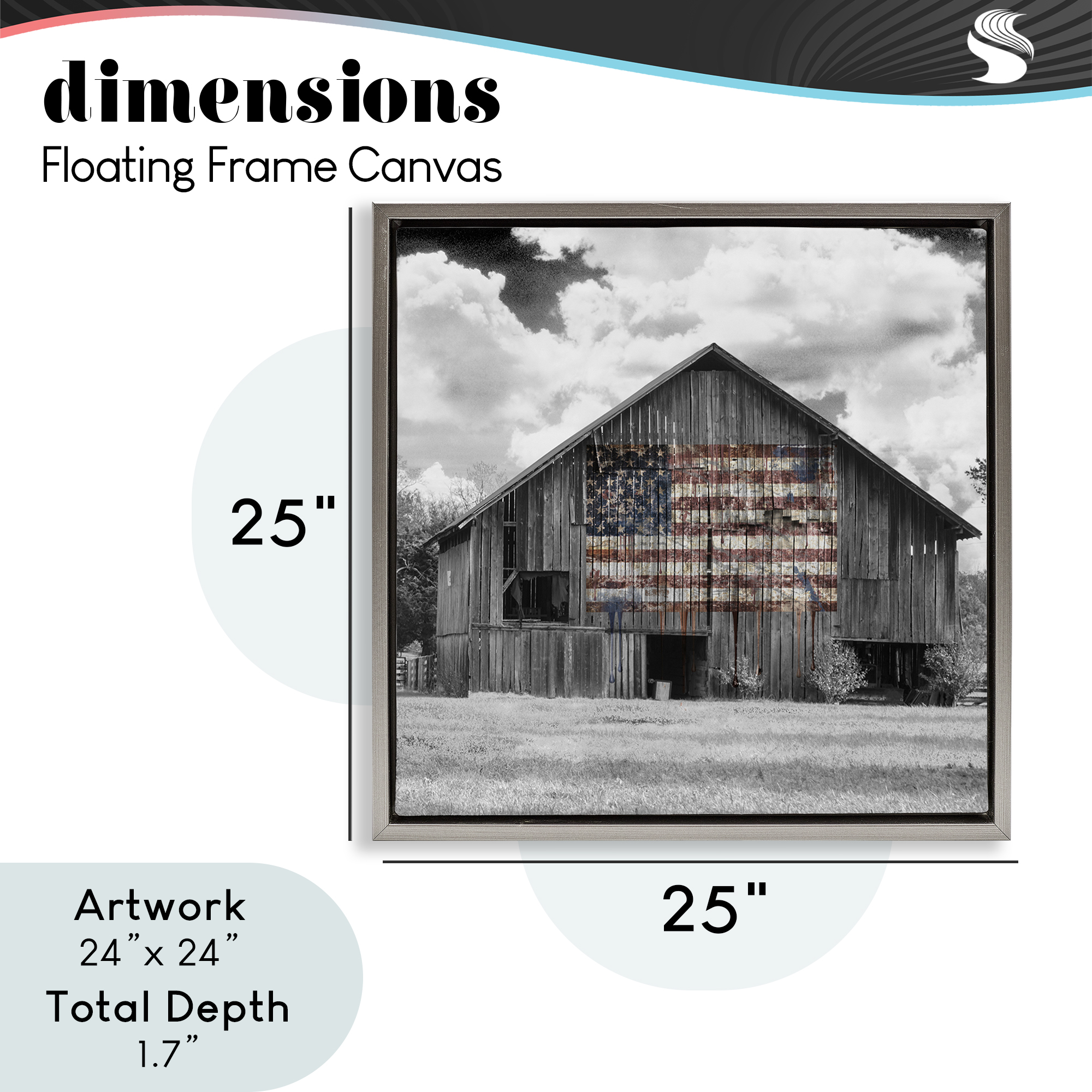 USA Flag Monochrome Barn Gray Framed Floater Canvas Wall Art, design by Decent Exposures