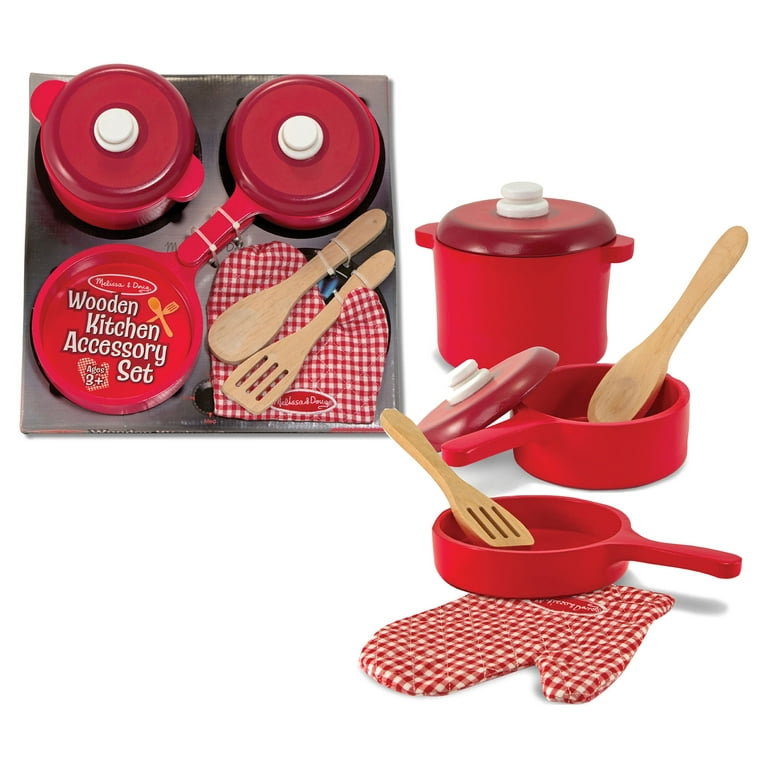 Melissa & Doug Deluxe 8-Piece Wooden Kitchen Accessory Set, Red